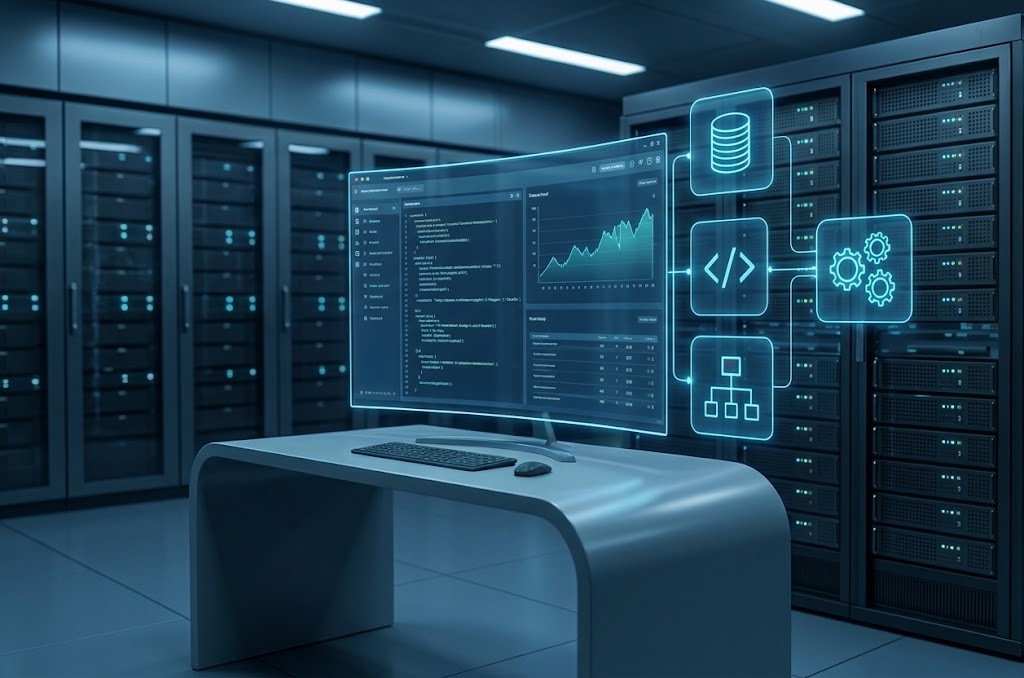 A workstation in a server room showing application code beside analytics, linked to database, code and configuration services.