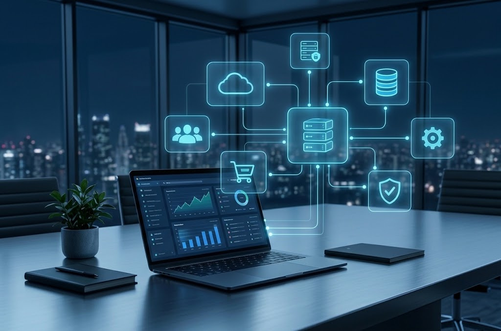 A laptop beside a central server node linked to cloud storage, a database, e-commerce, users, configuration and security services.