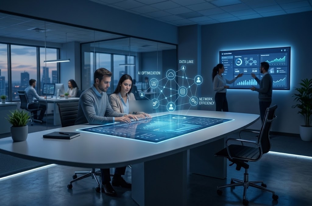 Colleagues working together in an office around a shared data display and dashboards.